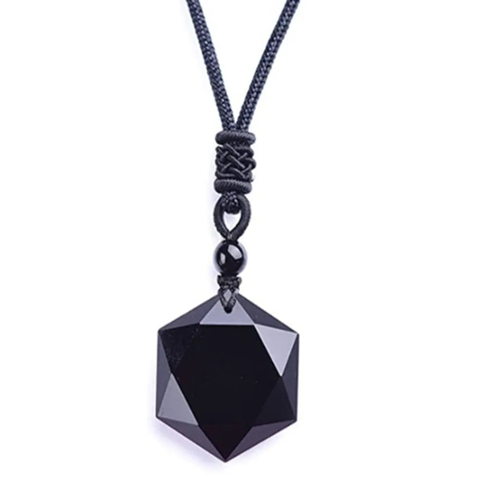 Natural Black Obsidian Hexagram Pendant Necklace – Protective Amulet; Fashion Statement