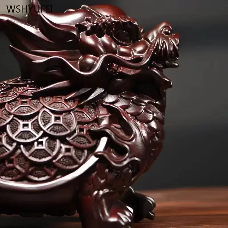 Black Sandalwood Carved Dragon Turtle Ornament - Feng Shui Home Decor