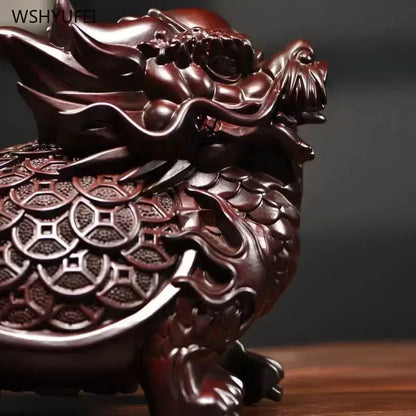 Black Sandalwood Carved Dragon Turtle Ornament - Feng Shui Home Decor