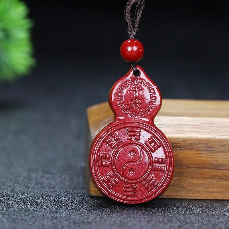 Taoist Vermilion Sand Yin Yang Five Elements Bagua Card with Purple Gold Sand Talisman Gourd Pendant – Feng Shui Amulet for Good Fortune and Protection