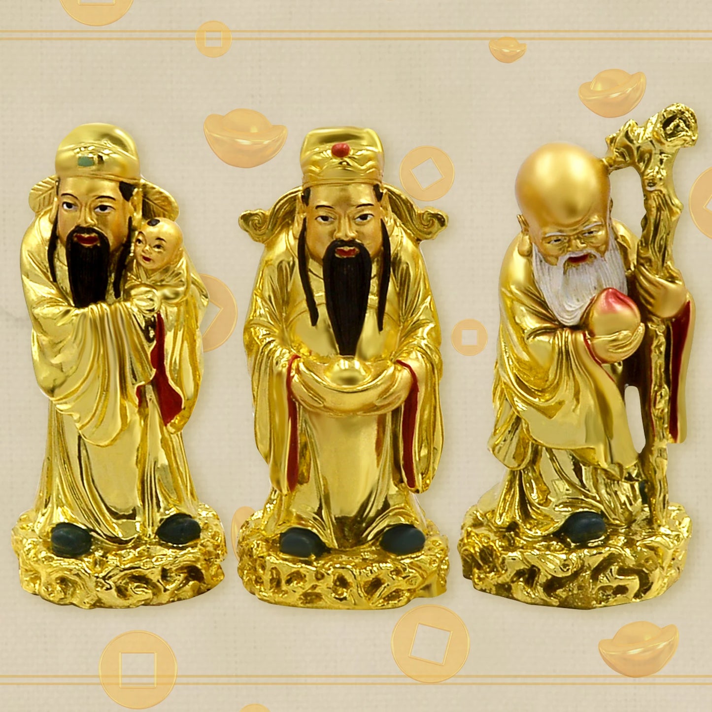 Feng Shui Fuk Luk Sau Statues - Deities of Health, Wealth, and Happiness