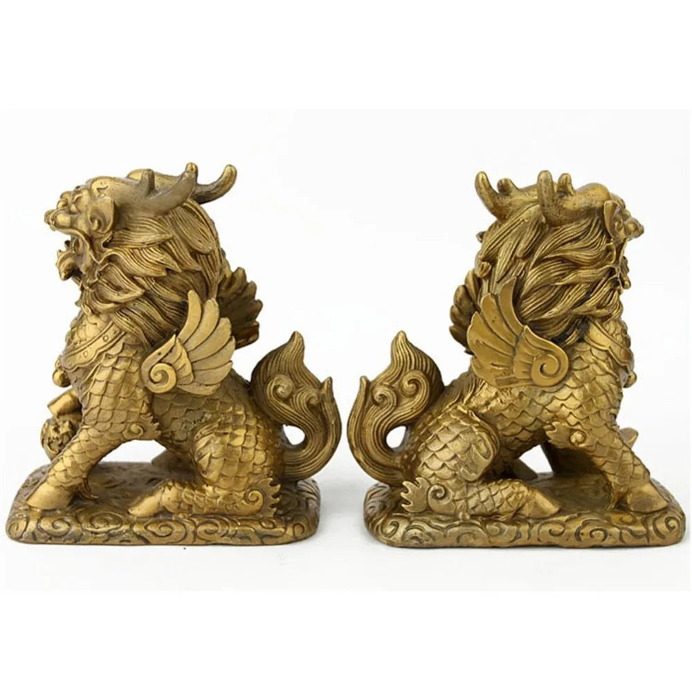 Brass Chi Lin Statues - Mythical Dragon Horse Feng Shui Decor