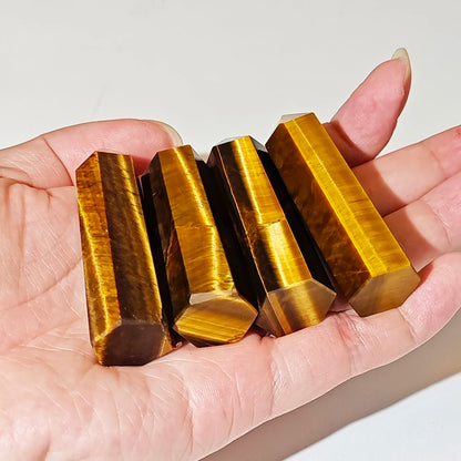 Natural Tiger Eye Crystal Wands – Polished Hexagonal Point Obelisks for Reiki Healing