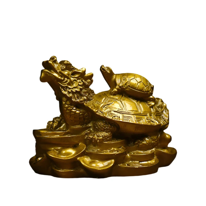 Brass Feng Shui Dragon Turtle Statue - Gold Prosperity Sculpture for Longevity and Success