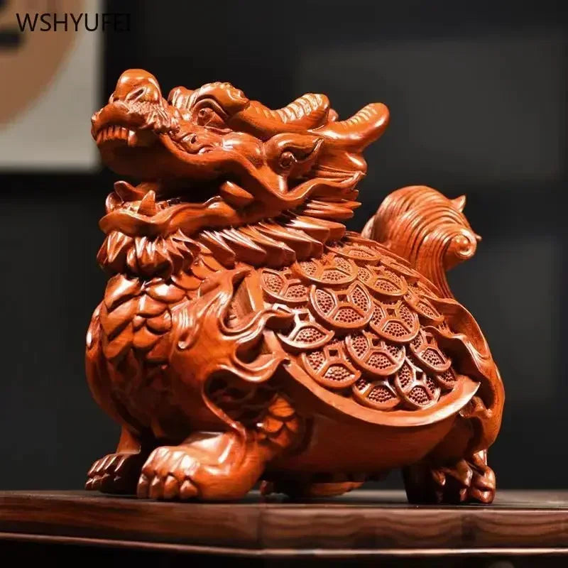 Black Sandalwood Carved Dragon Turtle Ornament - Feng Shui Home Decor