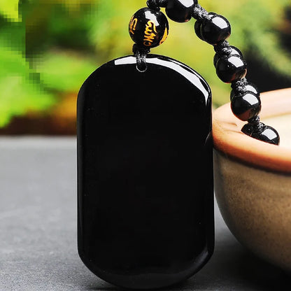 Natural Black Obsidian Chinese Safety Buckle Pendant Necklace – Feng Shui Protection Amulet for Luck and Good Fortune