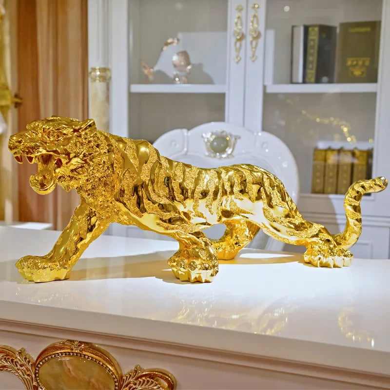 Elegant Resin Tiger Figurines - Chinese Zodiac Home Decor in Gold and Silver