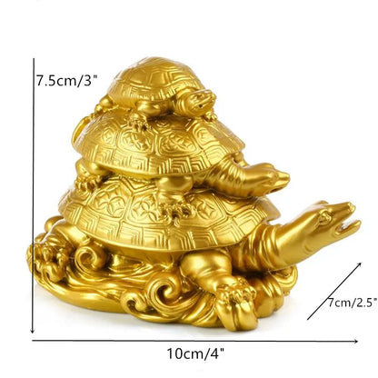 Feng Shui Three Tier Tortoise Statue - Longevity and Descendant Luck Decor with Gift Bag