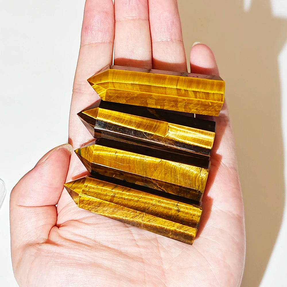 Natural Tiger Eye Crystal Wands – Polished Hexagonal Point Obelisks for Reiki Healing