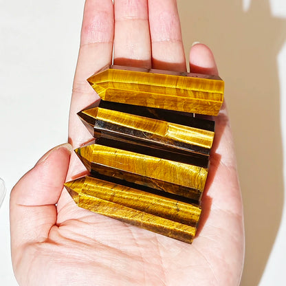 Natural Tiger Eye Crystal Wands – Polished Hexagonal Point Obelisks for Reiki Healing