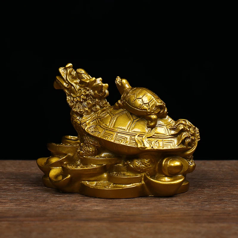 Brass Feng Shui Dragon Turtle Statue - Gold Prosperity Sculpture for Longevity and Success