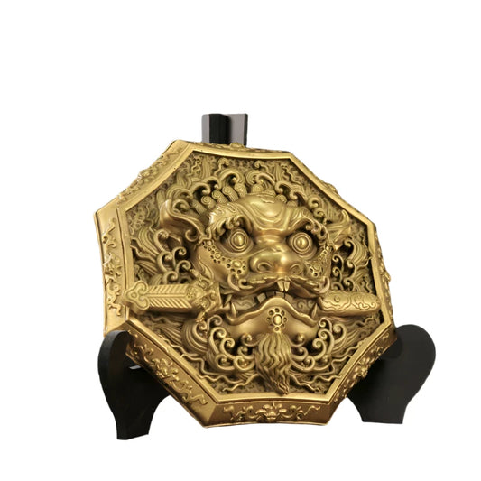 Lion Bite Sword Yellow Bronze Medal Bagua Mirror - Feng Shui Guardian Ornament