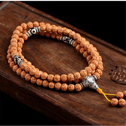 Natural Diamond Bodhi Beads & Three-Eyed Dzi Beads Mala Necklace - 108 Beads with Tibetan Silver & Coconut Shell