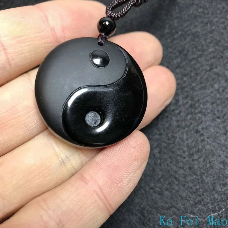 Obsidian Yin and Yang Taiji Bagua Pendant Necklace – Spiritual Amulet for Balance and Protection