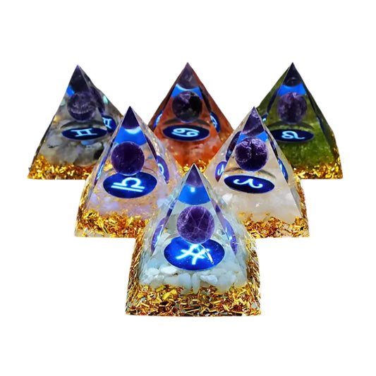 Energy Resin Zodiac Pyramid with Natural Amethyst – Healing & Spiritual Enhancement