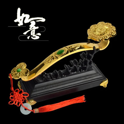 Golden Auspicious Ruyi Feng Shui Amulet Craft – Decorative Power Scepter Ornament with Base