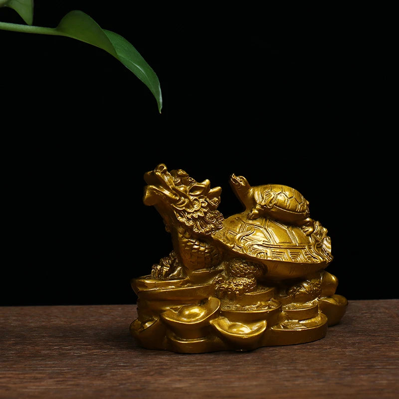 Brass Feng Shui Dragon Turtle Statue - Gold Prosperity Sculpture for Longevity and Success