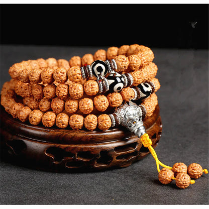 Natural Diamond Bodhi Beads & Three-Eyed Dzi Beads Mala Necklace - 108 Beads with Tibetan Silver & Coconut Shell