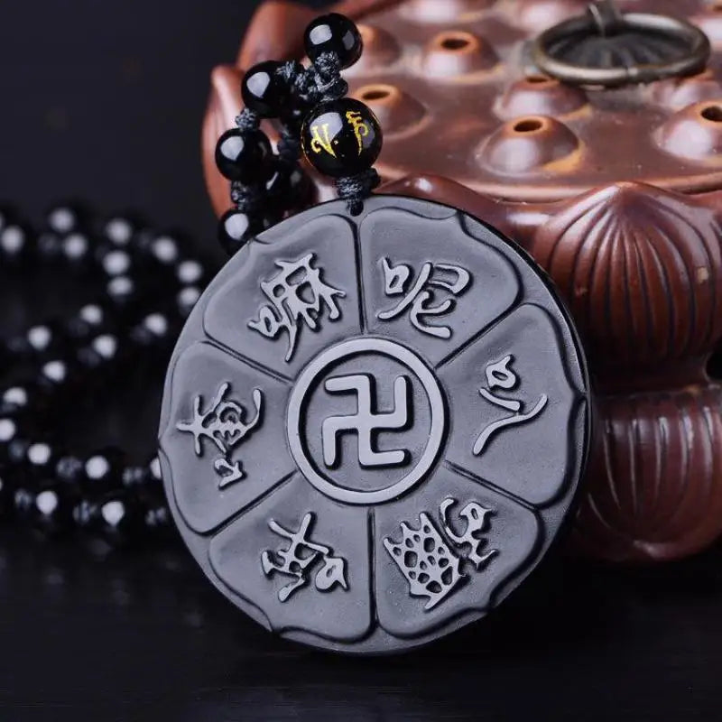 Natural Black Obsidian Mantra Pendant Necklace – Feng Shui Six Word Buddha Jewelry for Men and Women