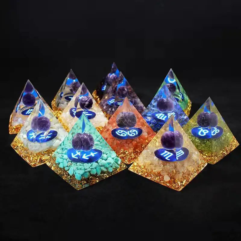 Energy Resin Zodiac Pyramid with Natural Amethyst – Healing & Spiritual Enhancement