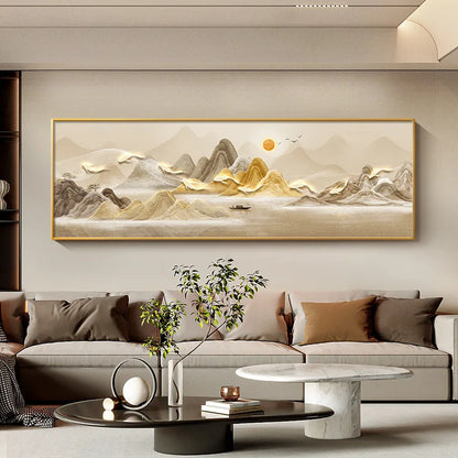 Chinese Style Fengshui Mountains and Flowing Water Landscape Canvas Painting Nine Koi Posters and Prints Living Room Wall Decor