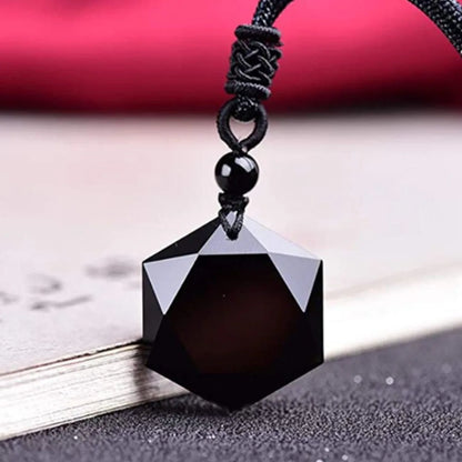 Natural Black Obsidian Hexagram Pendant Necklace – Protective Amulet; Fashion Statement