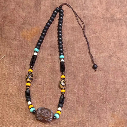 Natural Agate Three-Eyed Dzi Necklace with Dragon Scale Pattern - Adjustable Clavicle Chain