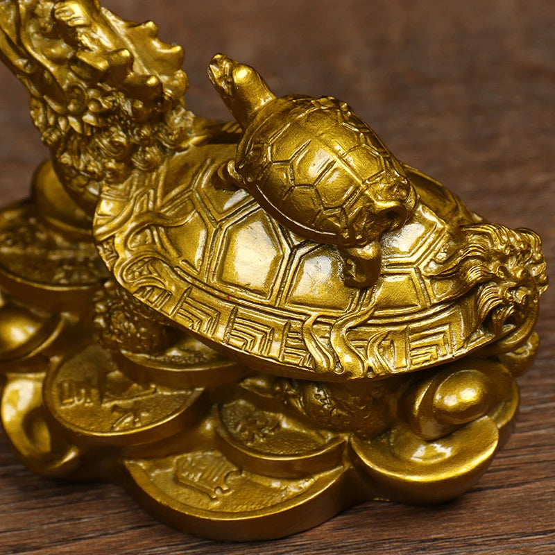 Brass Feng Shui Dragon Turtle Statue - Gold Prosperity Sculpture for Longevity and Success