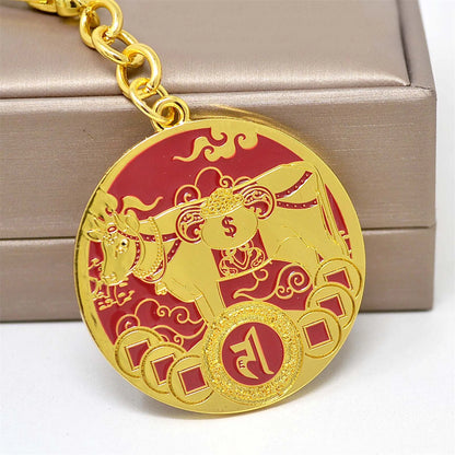 Feng Shui Sacred Bull Amulet Keychain - Talisman for Prosperity and Wealth