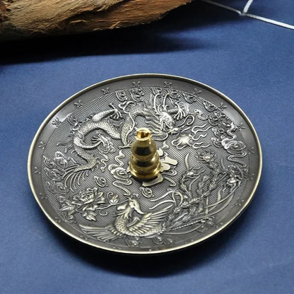 Dragon and Phoenix Bronze Incense Tray Twelve Zodiac