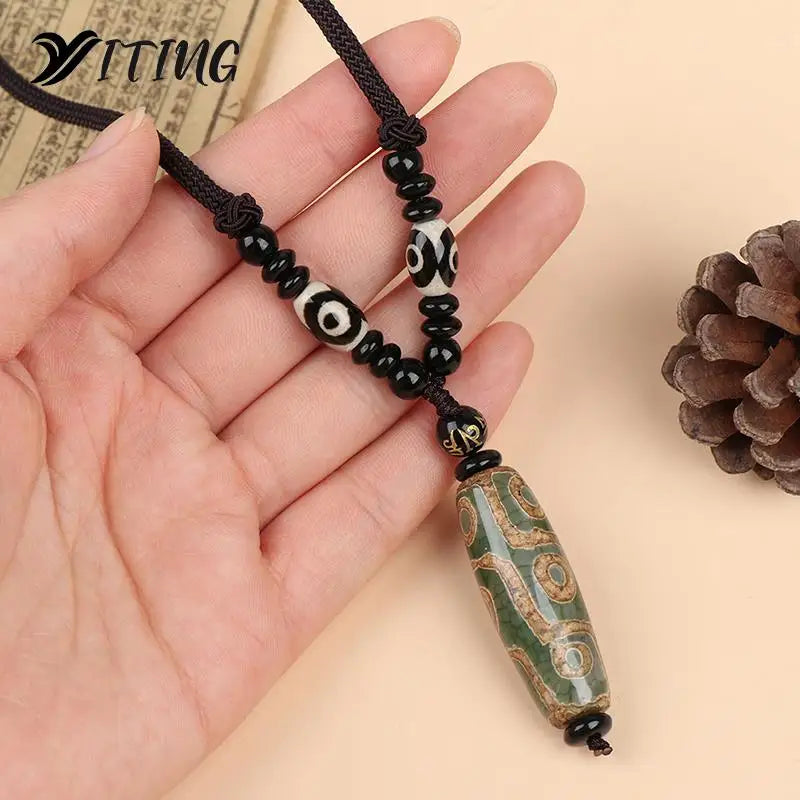 Nine Eye Tibet Dzi Pendant Drop Choker Necklace - Natural Stone Agate Dzi for Good Luck