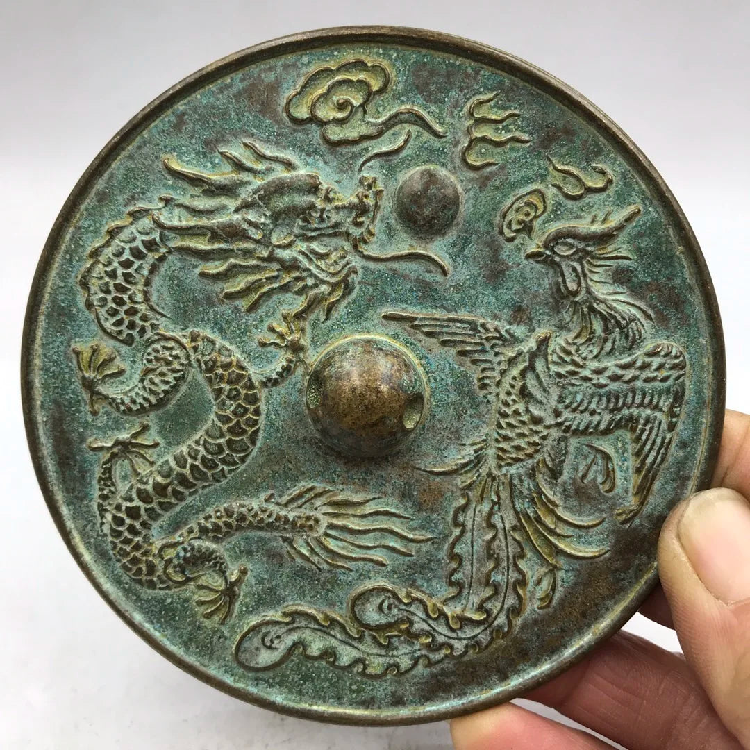 Ancient Chinese Bronze Mirror with Dragon and Phoenix Design