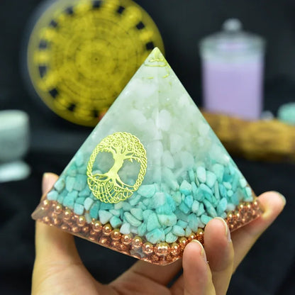 Orgonite Pyramid with Raziel Vishuddha Chakra and White Crystal