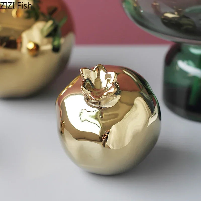 Golden Pomegranate Ceramic Figurine – Modern Home Decor Ornament