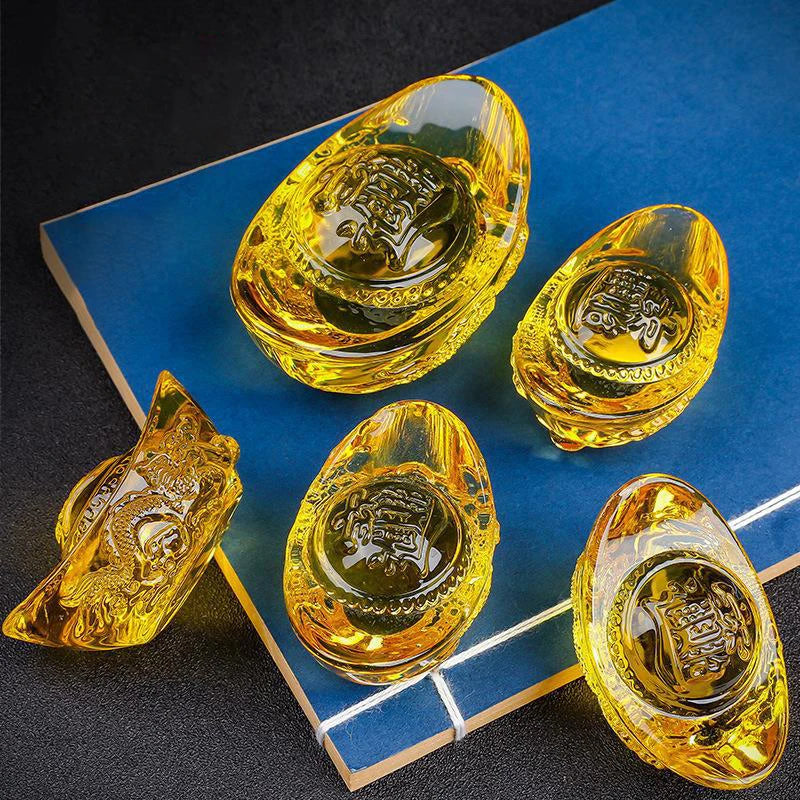 Chinese Style Citrine Ingot Gold Crystal Glass Colored Glaze Wealth Money Feng Shui Craft Figurines Home Decor