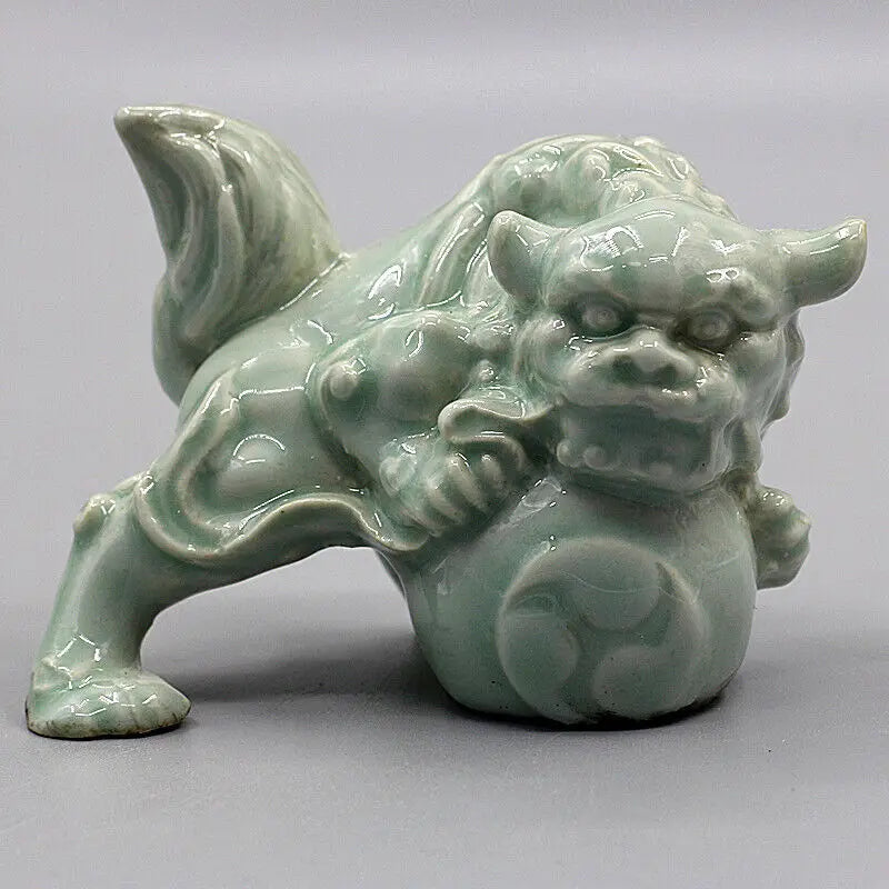 Chinese Song Hutian Kiln Celadon Porcelain Foo Fu Dog Lion Statue for Decorative Display Collectible Gift