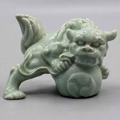 Chinese Song Hutian Kiln Celadon Porcelain Foo Fu Dog Lion Statue for Decorative Display Collectible Gift