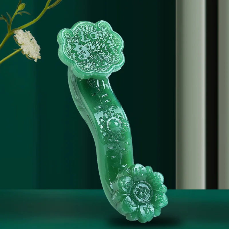 Chinoiserie Wealth Reiki Green Jade Ruyi Crystal Glass Ornament