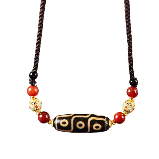 Handmade Tibetan Style 9-Eyes Totem Agate Dzi Bead Necklace - Good Luck Healing Jewelry for Unisex