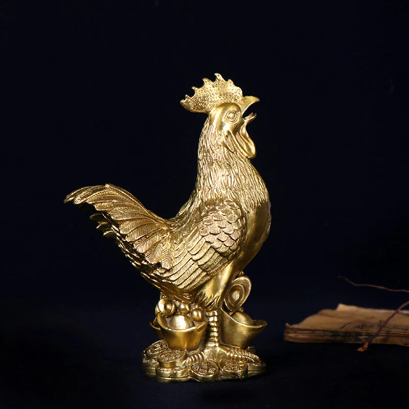 Brass Rooster Cock Figurine - Chinese Lucky Feng Shui Ornament for Home; Office