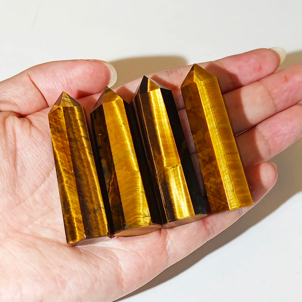 Natural Tiger Eye Crystal Wands – Polished Hexagonal Point Obelisks for Reiki Healing