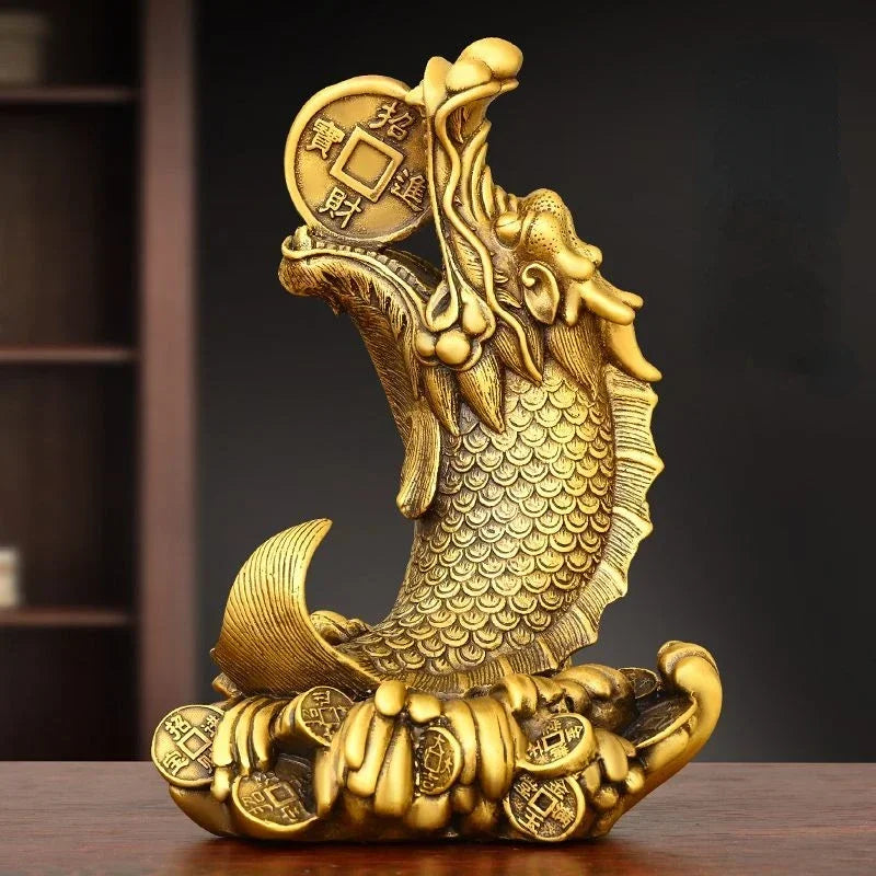 Feng Shui Brass Copper Dragon Head Fish Ornament - Symbol of Prosperity