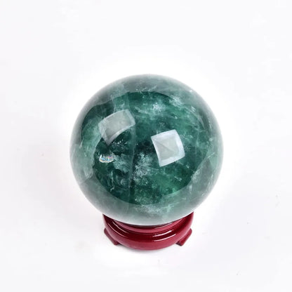 Natural Green Fluorite Crystal Sphere with Wooden Stand