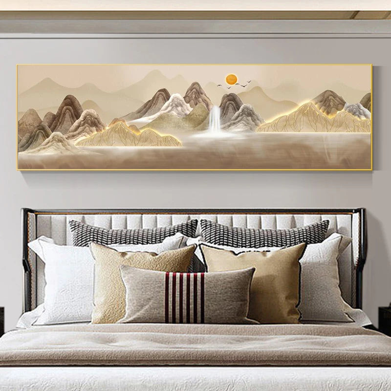 Chinese Style Fengshui Mountains and Flowing Water Landscape Canvas Painting Nine Koi Posters and Prints Living Room Wall Decor