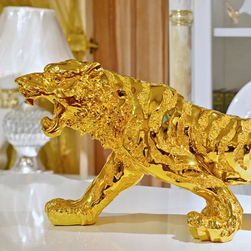 Elegant Resin Tiger Figurines - Chinese Zodiac Home Decor in Gold and Silver