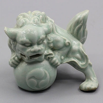Chinese Song Hutian Kiln Celadon Porcelain Foo Fu Dog Lion Statue for Decorative Display Collectible Gift