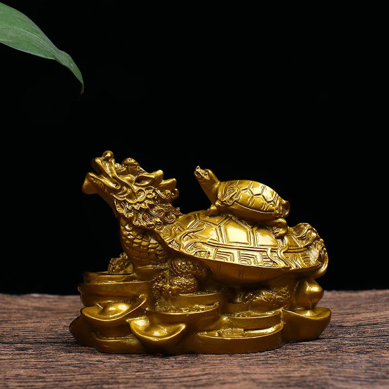 Brass Feng Shui Dragon Turtle Statue - Gold Prosperity Sculpture for Longevity and Success