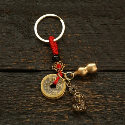 Feng Shui Copper Coin & Mythical Animal Wu Lou Pendant with Chinese Knot for Luck and Protection