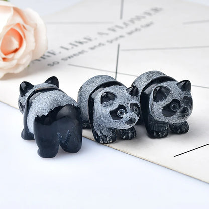 Natural Crystal Obsidian Panda Figurine - Feng Shui Home Decor