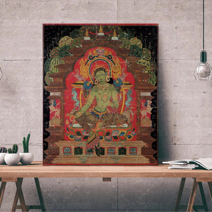 Thangka of Green Tara Print Poster Tibetan Devotional Painting on Canvas Buddha Wall Art Decor